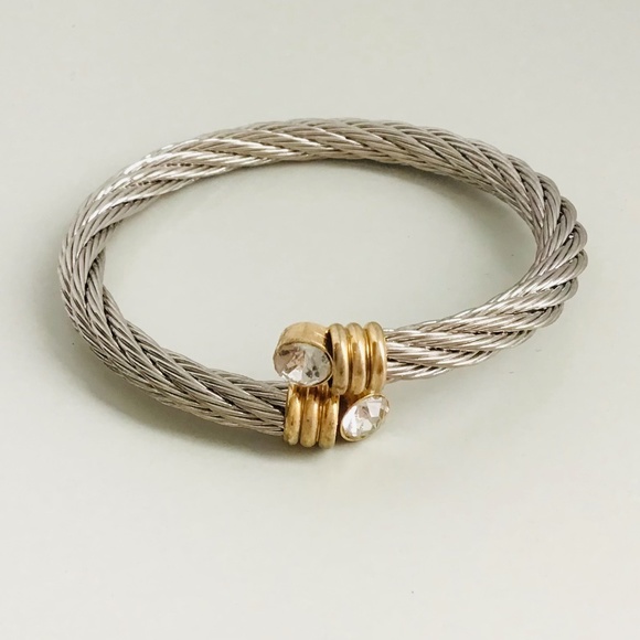 VINTAGE silver and gold tone twisted bracelet with sparkling stones - Picture 2 of 7